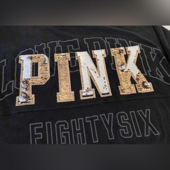❌SOLD❌VS PINK LONG SLEEVE V-NECK CAMPUS TEE SHIRT BLACK GOLD SILVER BLING 86 PUP - Picture 12 of 14